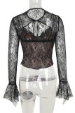 Black Sexy Solid Color Lace Hollow Out Patchwork Strap Design Asymmetrical Collar Tops