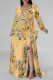 Yellow Elegant Floral Print Lace Up Slit V Neck Printed Plus Size Dresses