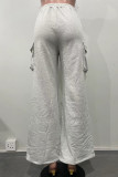 Grey Casual Solid Color Pocket Patchwork Loose High Waist Straight Patchwork Bottoms