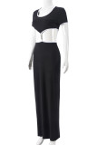 Black Sexy Solid Color Hollow Out Patchwork Metal Accessories Trim O Neck Long Dresses