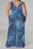 Blue Red Casual Faux Denim Print Backless Spaghetti Strap Plus Size Jumpsuits (With Headscarf)
