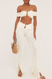 Apricot Sexy Solid Color Patchwork Backless Slit Off Shoulder Two Pieces