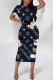 Tibetan Blue Casual Street Cartoon Print Letters Contrast O Neck Printed Short Sleeve Dress
