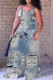 Baby Blue Casual Faux Denim Print Backless Spaghetti Strap Plus Size Jumpsuits (With Headscarf)