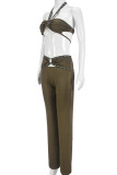 Army Green Sexy Solid Color Hollow Out Patchwork Backless Halter Sleeveless Two Pieces