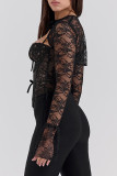 Black Sexy Solid Color Lace Hollow Out Patchwork Strap Design Asymmetrical Collar Tops