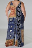 Blue Red Casual Faux Denim Print Backless Spaghetti Strap Plus Size Jumpsuits (With Headscarf)