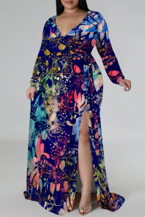 Blue Elegant Floral Print Lace Up Slit V Neck Printed Plus Size Dresses