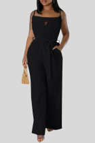 Black Casual Solid Color Hollow Out Pocket Patchwork Backless Spaghetti Strap Loose Jumpsuits