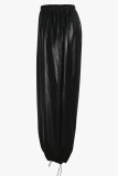 Black Casual Solid Color Draw String Patchwork Loose Mid Waist Patchwork Bottoms