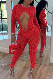 Red Sexy Solid Color Lace Hollow Out Patchwork O Neck Skinny Jumpsuits