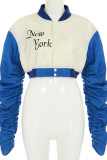 Blue Street Letters Embroidered Buckle Patchwork Ruched Cardigan Collar Long Sleeve Two Pieces