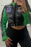 Black Street Letters Patchwork Zipper Zipper Collar Outerwear