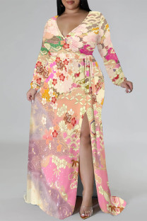 Pink Elegant Floral Print Lace Up Slit V Neck Printed Plus Size Dresses
