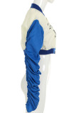 Blue Street Letters Embroidered Buckle Patchwork Ruched Cardigan Collar Long Sleeve Two Pieces