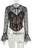 Black Sexy Solid Color Lace Hollow Out Patchwork Strap Design Asymmetrical Collar Tops