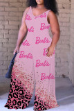 Pink Casual Print Backless Spaghetti Strap Plus Size Jumpsuits (With Headscarf)