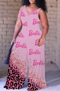 Pink Casual Print Backless Spaghetti Strap Plus Size Jumpsuits (With Headscarf)