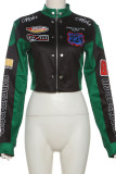 Black Street Letters Patchwork Zipper Zipper Collar Outerwear