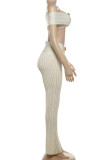 Apricot Sexy Solid Color Patchwork Backless Slit Off Shoulder Two Pieces