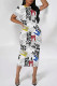 White Casual Street Geometric Print Letters Contrast O Neck Printed Short Sleeve Dress