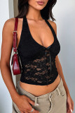 Pink Sexy Solid Color Patchwork Backless Halter Tops