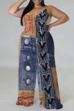 Blue Red Casual Faux Denim Print Backless Spaghetti Strap Plus Size Jumpsuits (With Headscarf)