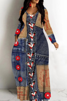 Dark Blue Casual Faux Denim Print Basic V Neck Long Dresses