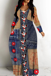 Dark Blue Casual Faux Denim Print Basic V Neck Long Dresses