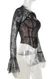 Black Sexy Solid Color Lace Hollow Out Patchwork Strap Design Asymmetrical Collar Tops