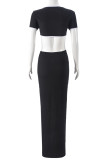 Black Sexy Solid Color Hollow Out Patchwork Metal Accessories Trim O Neck Long Dresses