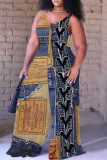Blue Red Casual Faux Denim Print Backless Spaghetti Strap Plus Size Jumpsuits (With Headscarf)