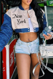 Blue Street Letters Embroidered Buckle Patchwork Ruched Cardigan Collar Long Sleeve Two Pieces