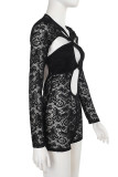Black Sexy Solid Color Lace Hollow Out Patchwork O Neck Skinny Rompers
