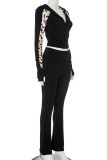 Black Casual Leopard Print Patchwork Zipper Zipper Collar Long Sleeve Two Pieces