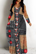 Black Casual Faux Denim Print Basic V Neck Long Dresses
