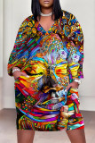 Pink Brown Casual Street Figure Print Pocket Contrast V Neck Printed Plus Size Dresses