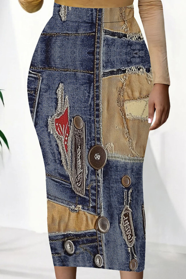 Blue Red Casual Print Patchwork Regular Mid Waist Pencil Positioning Print Bottoms