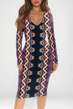Brown Sexy Street Geometric Print Contrast V Neck Printed Dresses
