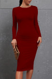 Burgundy Casual Solid Color O Neck Wrapped Skirt Dresses