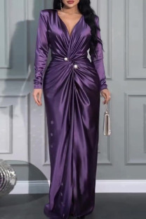 Purple Elegant Solid Color Patchwork Ruched V Neck Long Dresses