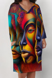 Pink Brown Casual Street Figure Print Pocket Contrast V Neck Printed Plus Size Dresses