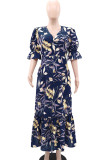 Multicolor Elegant Print Patchwork Slit V Neck Long Dresses