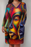 Pink Brown Casual Street Figure Print Pocket Contrast V Neck Printed Plus Size Dresses