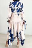 Green Elegant Print Patchwork With Belt Turndown Collar Irregular Dresses