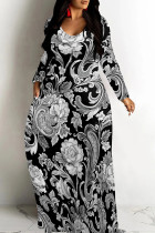 Black And White Casual Print Patchwork V Neck Long Dresses