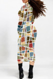 Multicolor Street Geometric Print Stripe Contrast Half A Turtleneck Printed Dresses