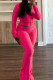 Rose Red Casual Solid Color Pocket Patchwork Zipper Hooded Long Sleeve Two Pieces