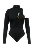 Black Sexy Hot Solid Color Hollow Out Slit Half A Turtleneck Long Sleeve Two Pieces
