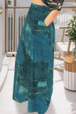 Navy Casual Faux Denim Print Pocket Contrast Loose High Waist Wide Leg Full Print Bottoms